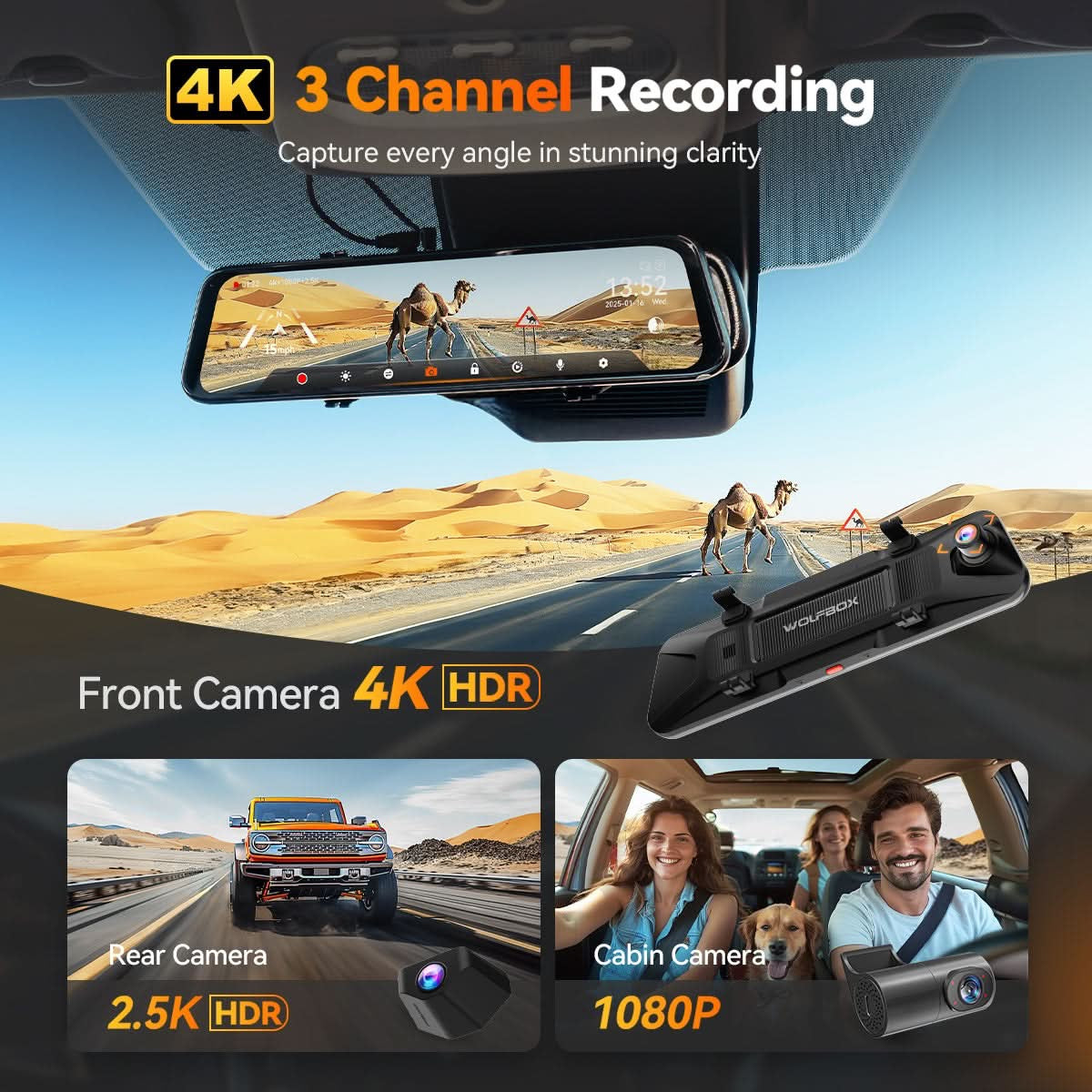 Wolfbox G900 TriPro 4K+2.5K+1080P 3 Channel Cabin Monitor Mirror Dash Cam