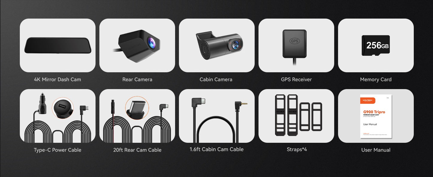 Wolfbox G900 TriPro 4K+2.5K+1080P 3 Channel Cabin Monitor Mirror Dash Cam